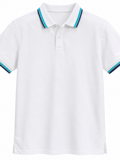 Men’s White Polo Shirt with Striped Collar & Sleeve