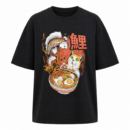 RATNOR Men’s Black Oversized Drop Shoulder Graphic T-Shirt with Koi Fish, Cat & Ramen Print