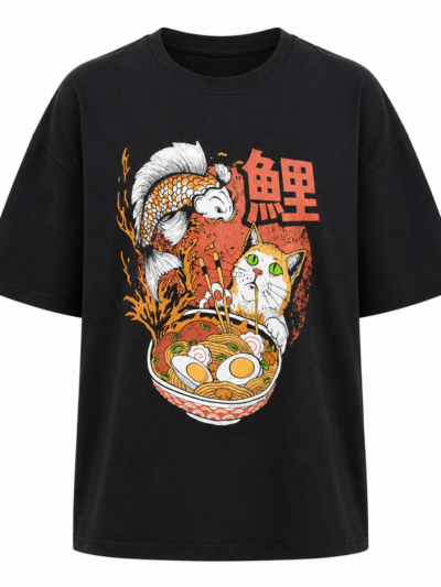 RATNOR Men’s Black Oversized Drop Shoulder Graphic T-Shirt with Koi Fish, Cat & Ramen Print
