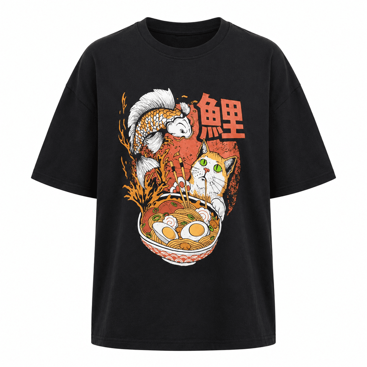 RATNOR Men’s Black Oversized Drop Shoulder Graphic T-Shirt with Koi Fish, Cat & Ramen Print