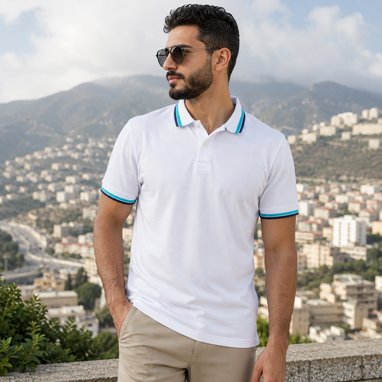 Men’s White Polo Shirt with Striped Collar & Sleeve - الصورة 10
