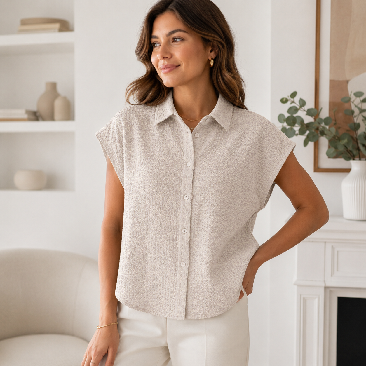 RATNOR Women’s Textured Short Sleeve Button-Down Blouse, Casual Loose Fit Top for Women - الصورة 2