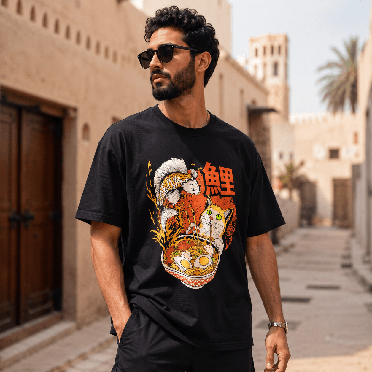 RATNOR Men’s Black Oversized Drop Shoulder Graphic T-Shirt with Koi Fish, Cat & Ramen Print - الصورة 2