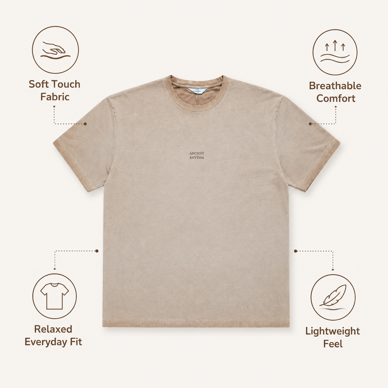 Men’s Crew Neck T-Shirt, Soft Cotton Blend Short Sleeve Casual Tee, Beige - الصورة 7