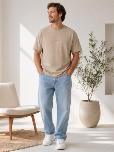 Men’s Crew Neck T-Shirt, Soft Cotton Blend Short Sleeve Casual Tee, Beige