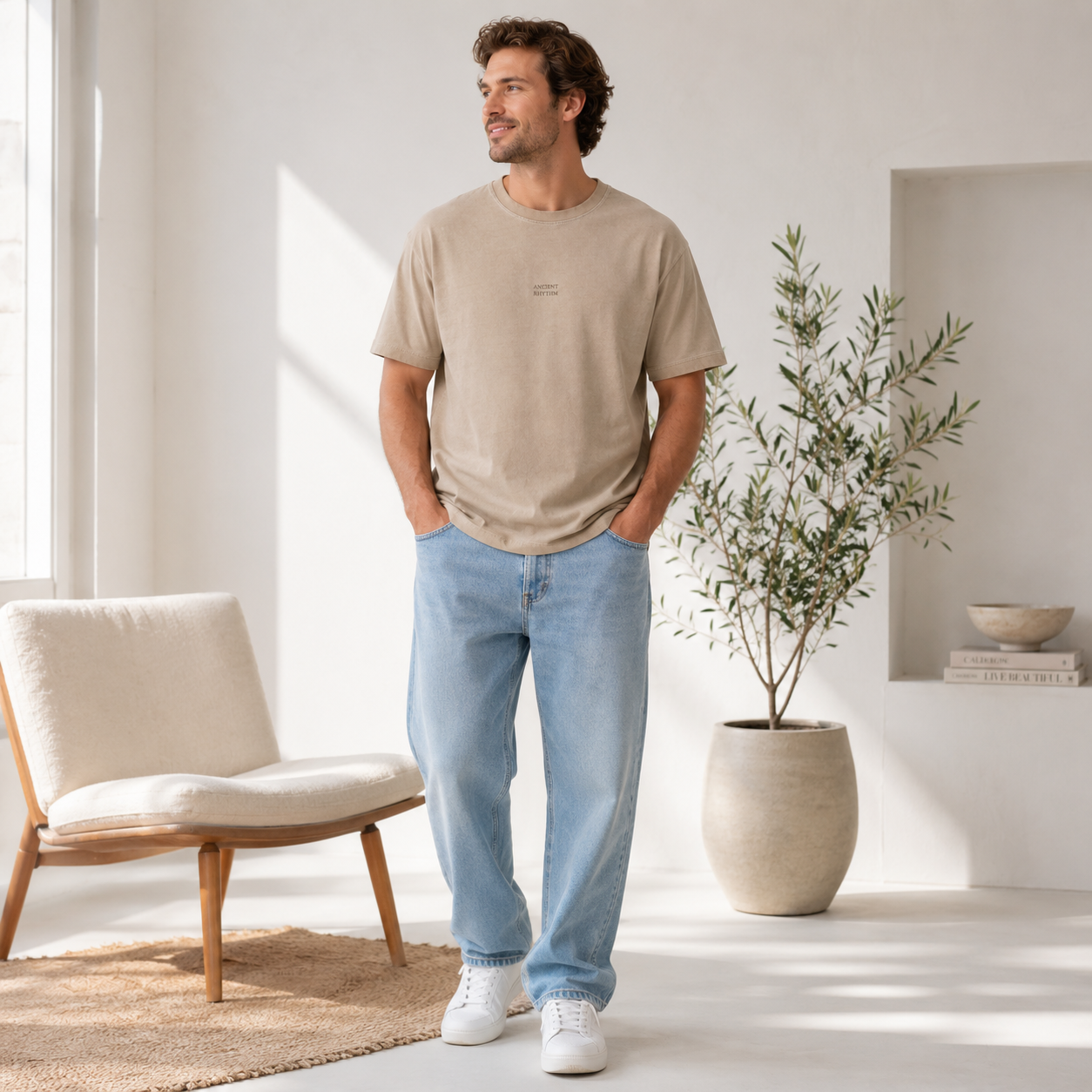 Men’s Crew Neck T-Shirt, Soft Cotton Blend Short Sleeve Casual Tee, Beige