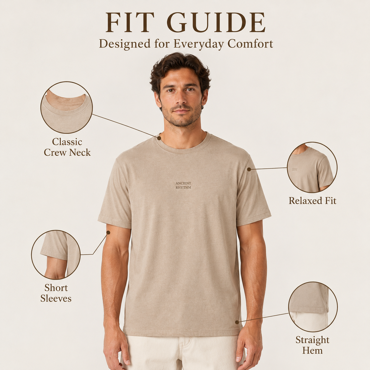 Men’s Crew Neck T-Shirt, Soft Cotton Blend Short Sleeve Casual Tee, Beige - الصورة 6