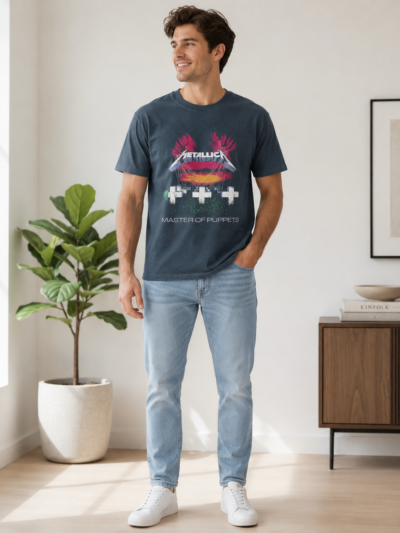Men’s Graphic Print Crew Neck T-Shirt, Soft Cotton Blend Short Sleeve Casual Tee, Dark Blue