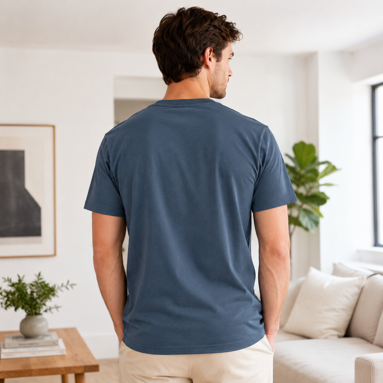 Men’s Graphic Print Crew Neck T-Shirt, Soft Cotton Blend Short Sleeve Casual Tee, Dark Blue - الصورة 9