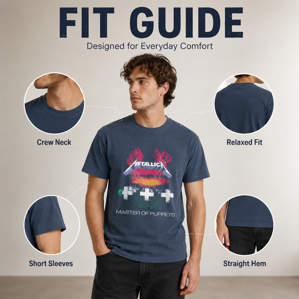 Men’s Graphic Print Crew Neck T-Shirt, Soft Cotton Blend Short Sleeve Casual Tee, Dark Blue - الصورة 2