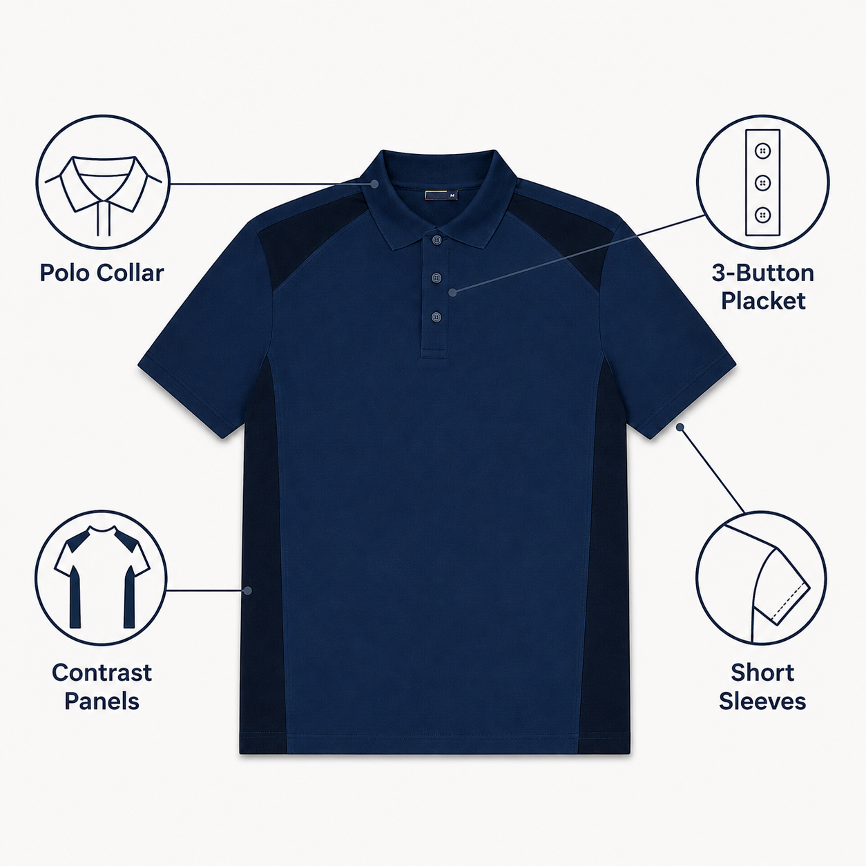 Men’s Navy Blue Polo Shirt with Contrast Panels, Short Sleeve Casual Regular Fit - الصورة 3
