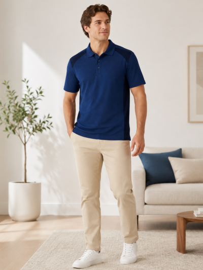 Men’s Navy Blue Polo Shirt with Contrast Panels, Short Sleeve Casual Regular Fit