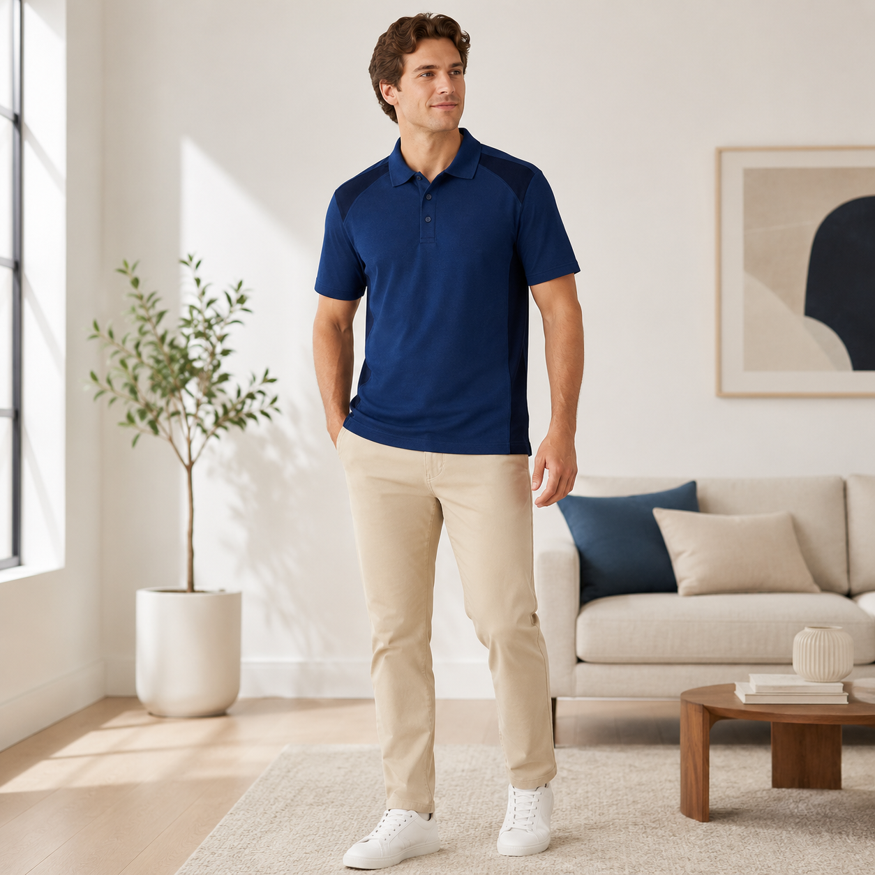 Men’s Navy Blue Polo Shirt with Contrast Panels, Short Sleeve Casual Regular Fit
