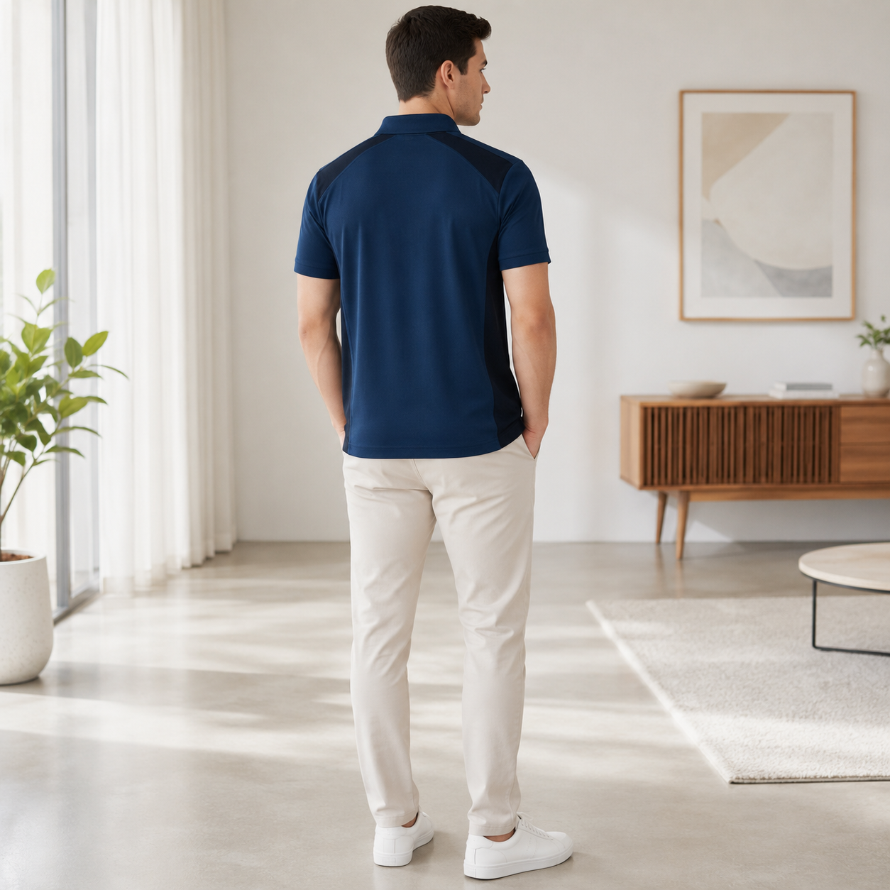 Men’s Navy Blue Polo Shirt with Contrast Panels, Short Sleeve Casual Regular Fit - الصورة 9