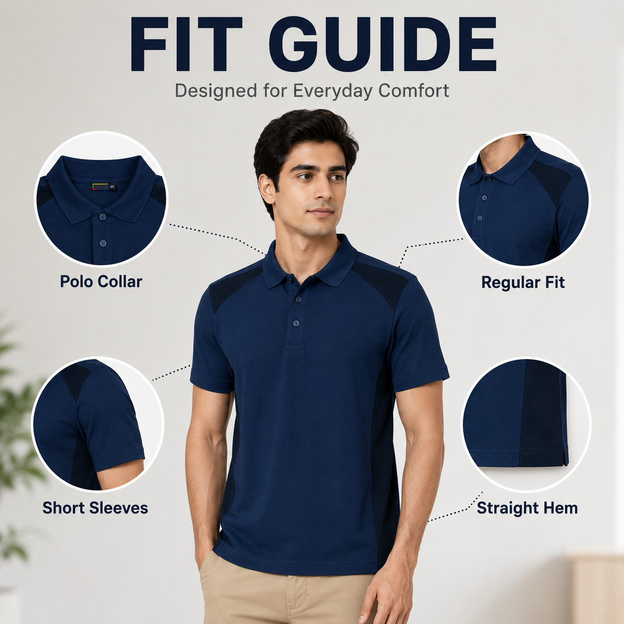 Men’s Navy Blue Polo Shirt with Contrast Panels, Short Sleeve Casual Regular Fit - الصورة 7