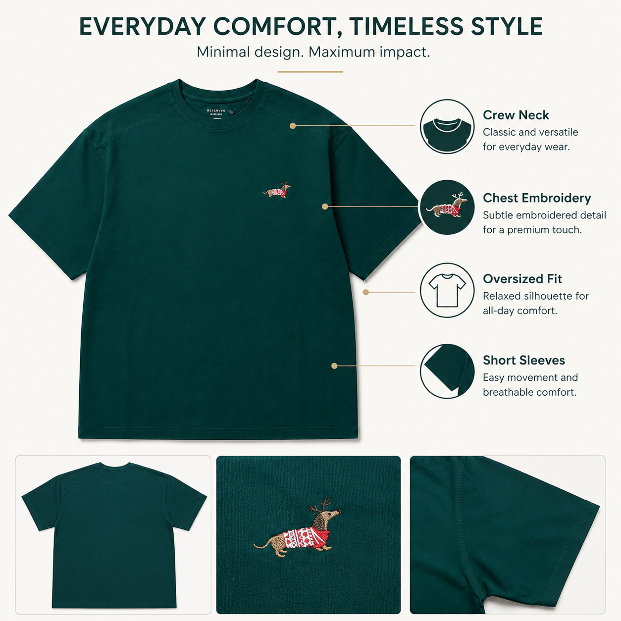 Men’s Dark Green Oversized Crew Neck T-Shirt with Small Chest Embroidery, Short Sleeve Casual Tee - الصورة 7