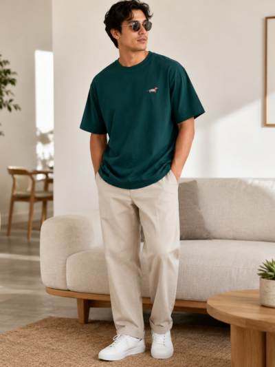 Men’s Dark Green Oversized Crew Neck T-Shirt with Small Chest Embroidery, Short Sleeve Casual Tee