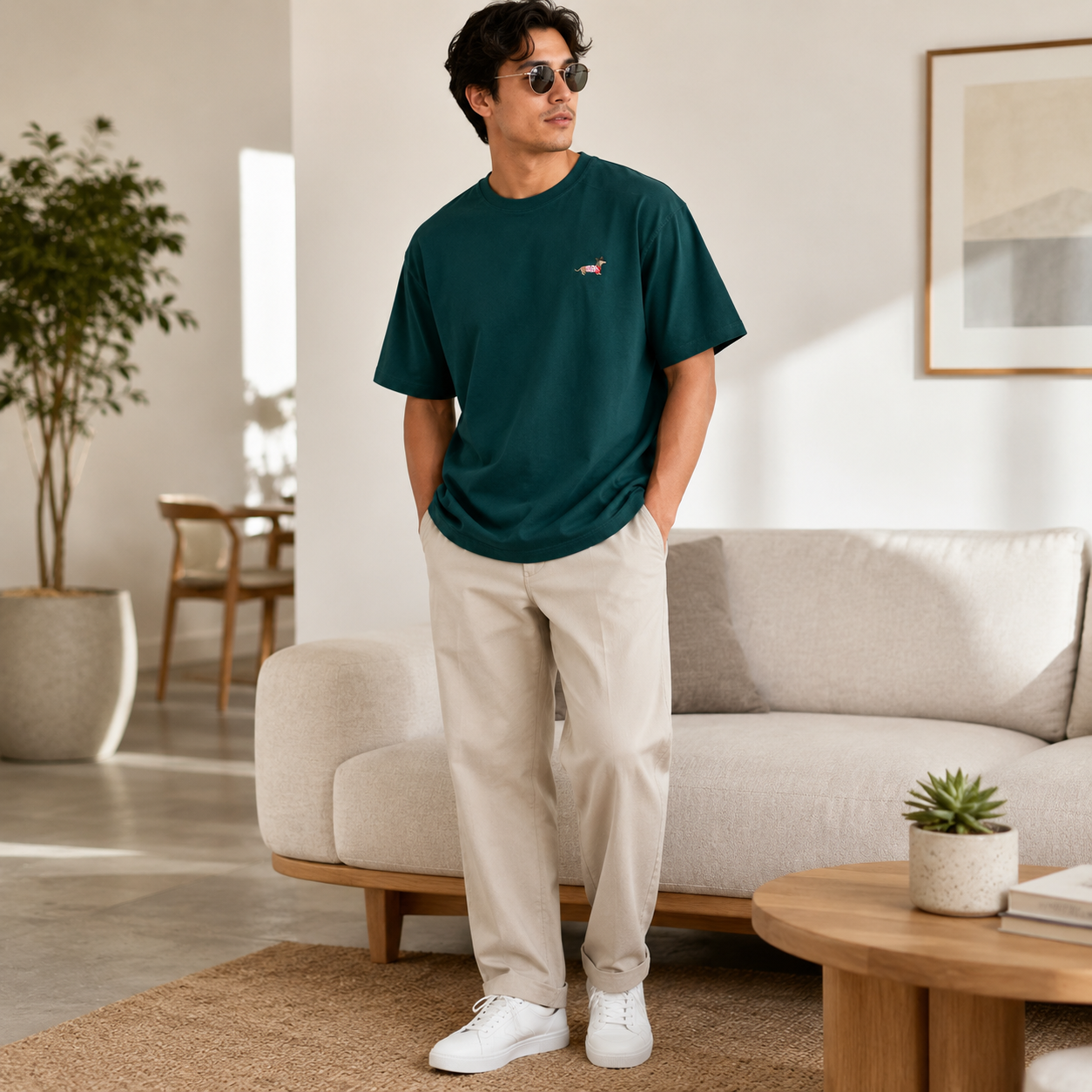 Men’s Dark Green Oversized Crew Neck T-Shirt with Small Chest Embroidery, Short Sleeve Casual Tee