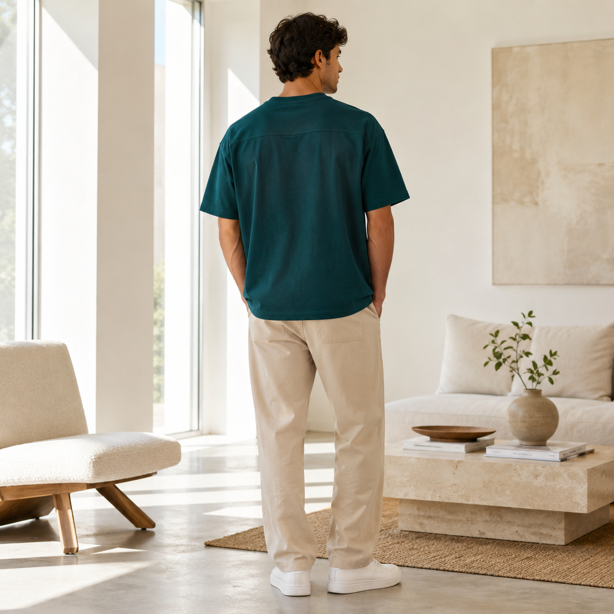 Men’s Dark Green Oversized Crew Neck T-Shirt with Small Chest Embroidery, Short Sleeve Casual Tee - الصورة 9