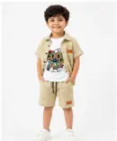 Boys 3 Piece Summer Outfit Set | Textured Shirt + Printed T-Shirt + Shorts