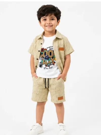 Boys 3 Piece Summer Outfit Set | Textured Shirt + Printed T-Shirt + Shorts