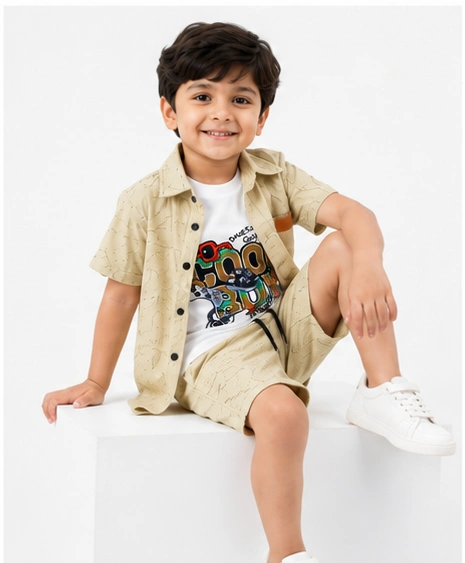 Boys 3 Piece Summer Outfit Set | Textured Shirt + Printed T-Shirt + Shorts - الصورة 3