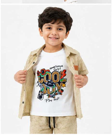 Boys 3 Piece Summer Outfit Set | Textured Shirt + Printed T-Shirt + Shorts - الصورة 5