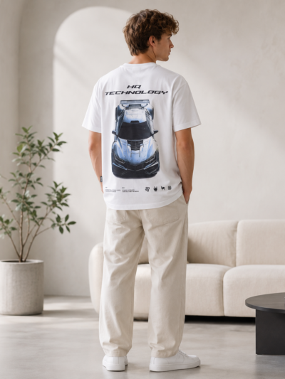 Men’s White Graphic Print Crew Neck T-Shirt, Short Sleeve Casual Tee with Back Car Design