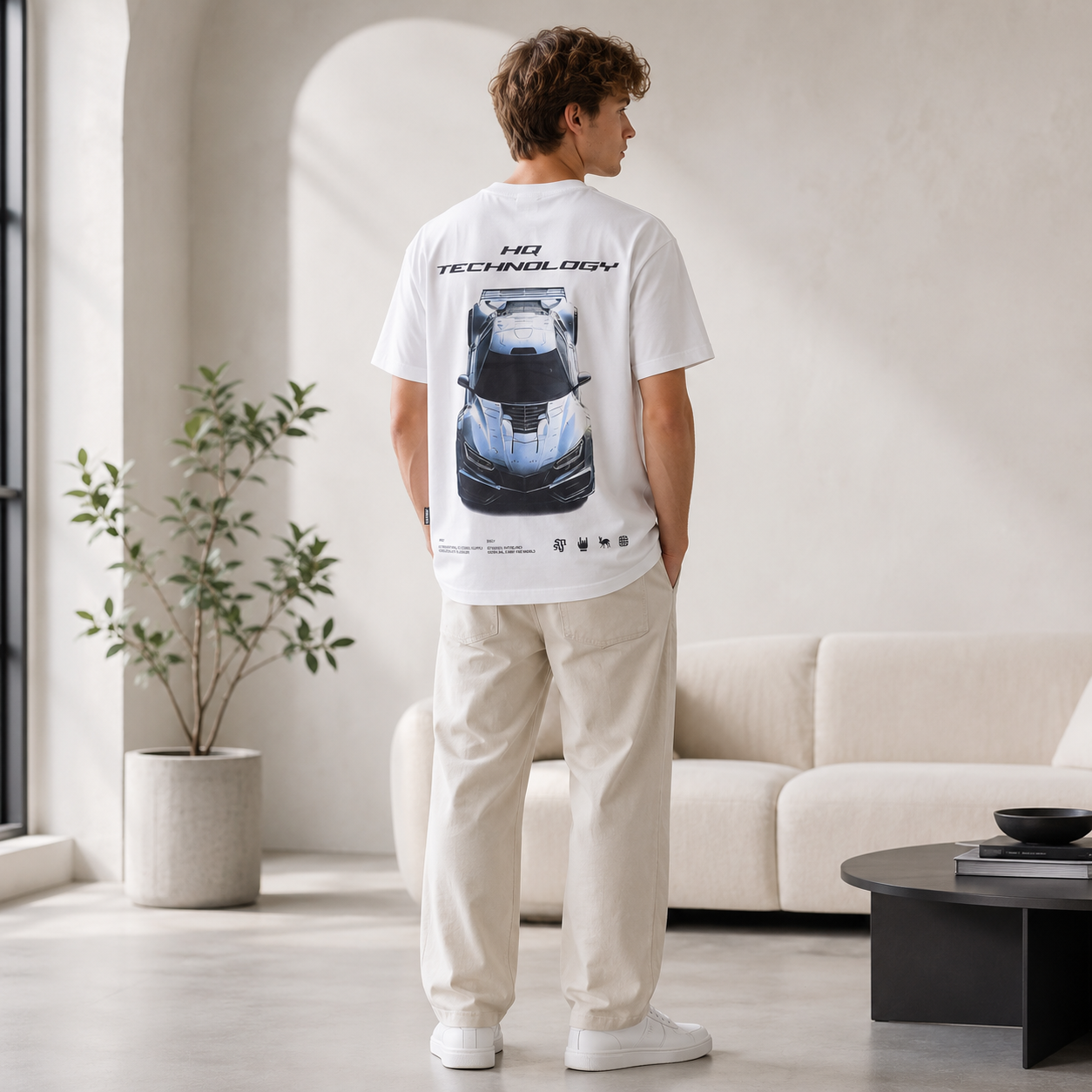 Men’s White Graphic Print Crew Neck T-Shirt, Short Sleeve Casual Tee with Back Car Design