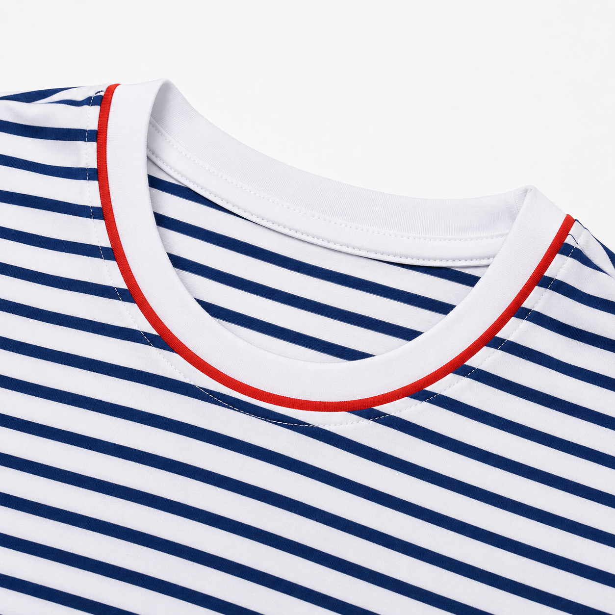 Men’s White & Navy Striped Crew Neck T-Shirt, Short Sleeve Casual Tee with Red Trim - الصورة 7