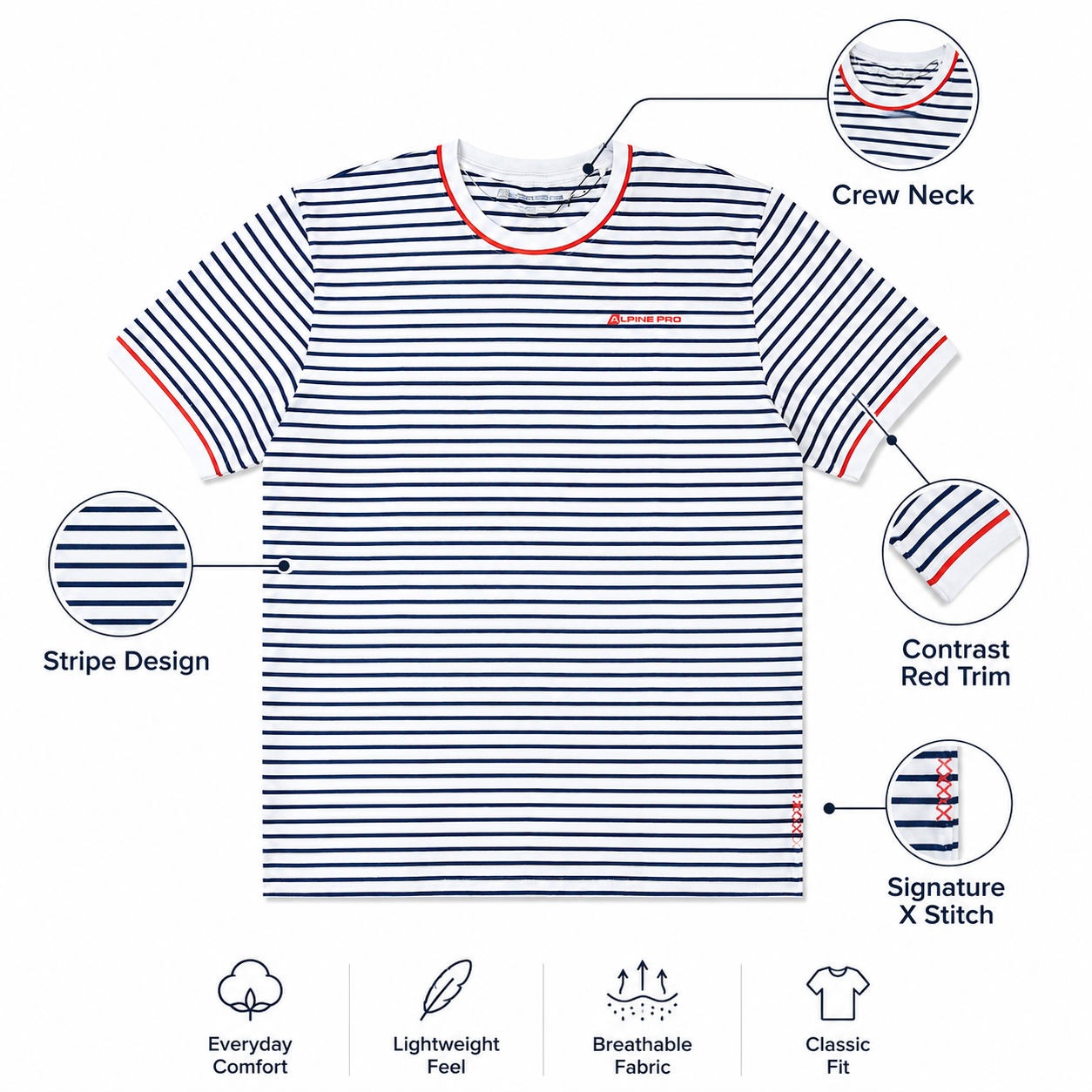 Men’s White & Navy Striped Crew Neck T-Shirt, Short Sleeve Casual Tee with Red Trim - الصورة 8