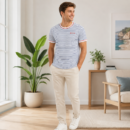 Men’s White & Navy Striped Crew Neck T-Shirt, Short Sleeve Casual Tee with Red Trim
