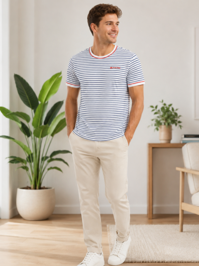 Men’s White & Navy Striped Crew Neck T-Shirt, Short Sleeve Casual Tee with Red Trim