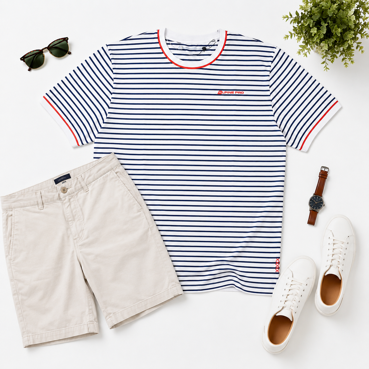 Men’s White & Navy Striped Crew Neck T-Shirt, Short Sleeve Casual Tee with Red Trim - الصورة 10