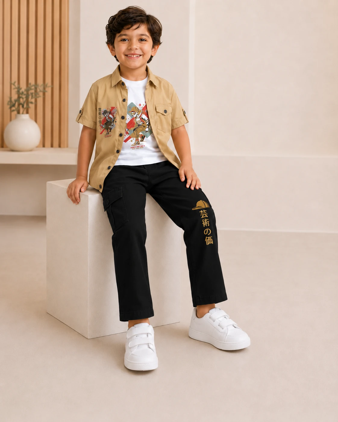 Boys 3 Piece Khaki Shirt Set with Printed T-Shirt & Black Cargo Pants - الصورة 2