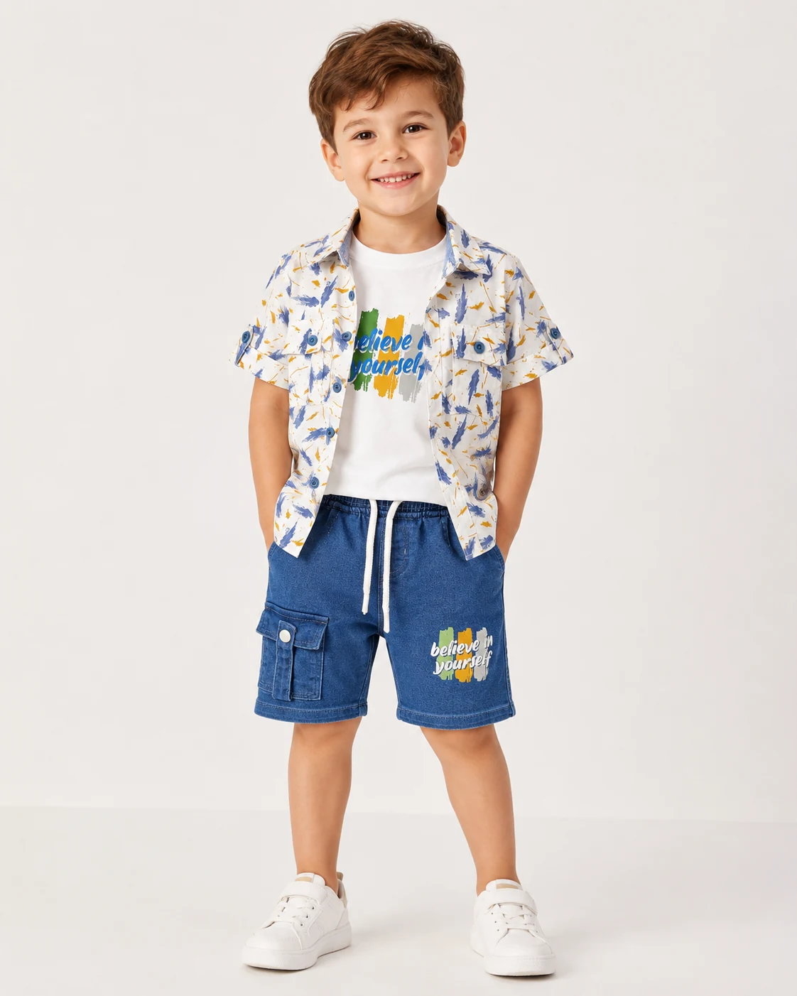 Boys 3 Piece Believe In Yourself Shirt Set with Denim Shorts - الصورة 2