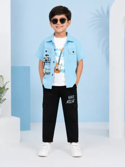 Boys 3 Piece Music Print Shirt Set with T-Shirt & Cargo Pants