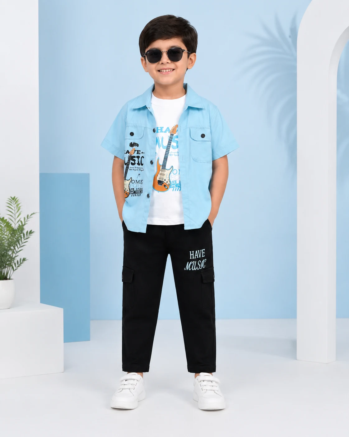 Boys 3 Piece Music Print Shirt Set with T-Shirt & Cargo Pants