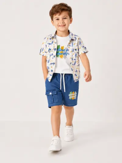 Boys 3 Piece Believe In Yourself Shirt Set with Denim Shorts
