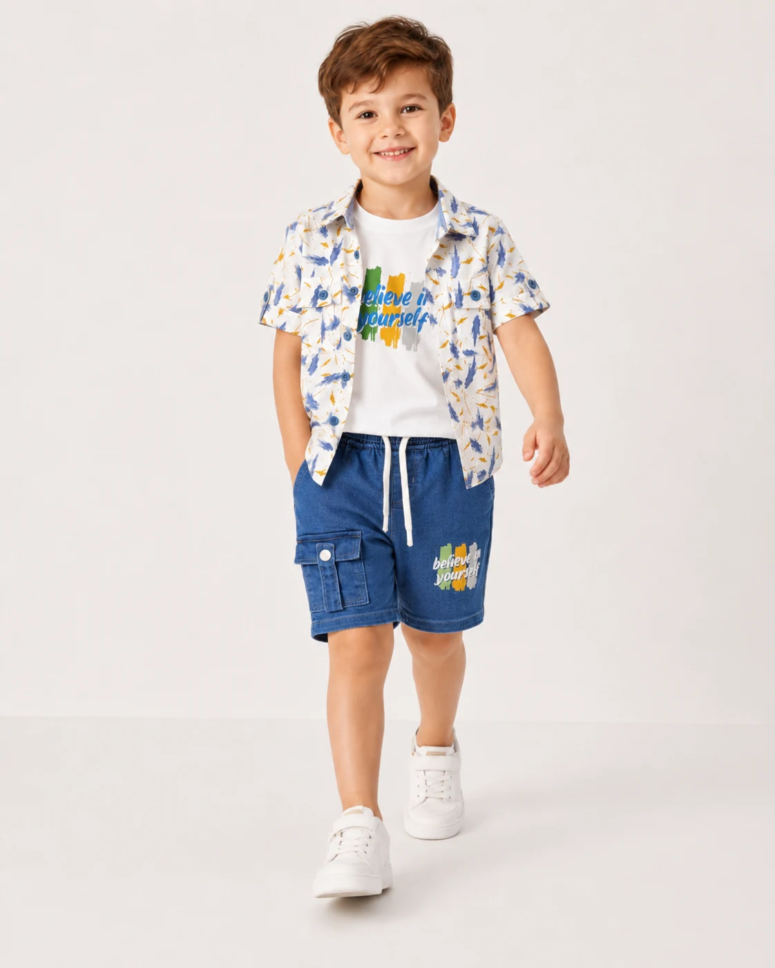Boys 3 Piece Believe In Yourself Shirt Set with Denim Shorts
