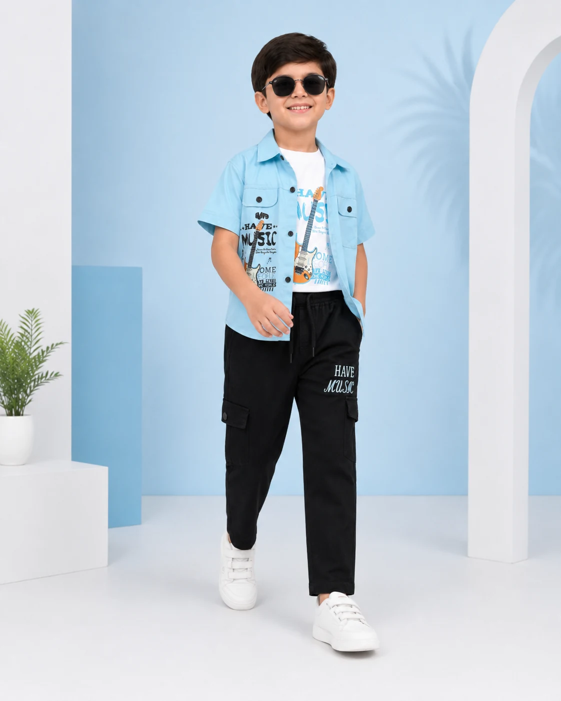 Boys 3 Piece Music Print Shirt Set with T-Shirt & Cargo Pants - الصورة 4