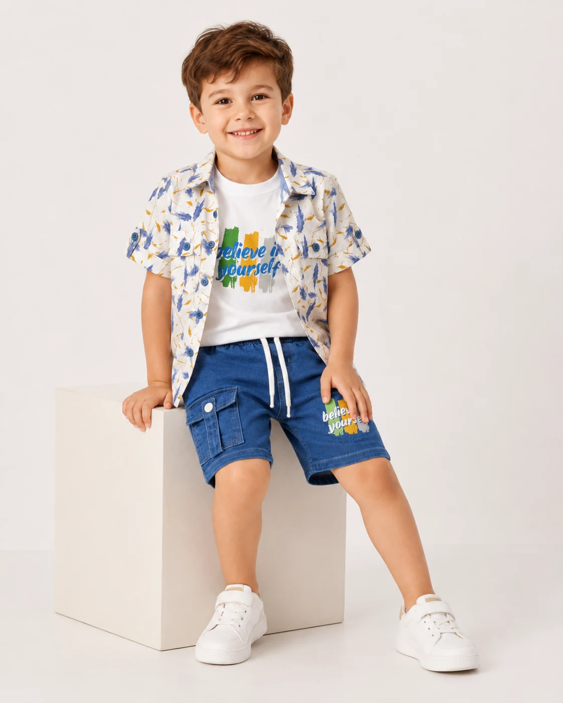 Boys 3 Piece Believe In Yourself Shirt Set with Denim Shorts - الصورة 5