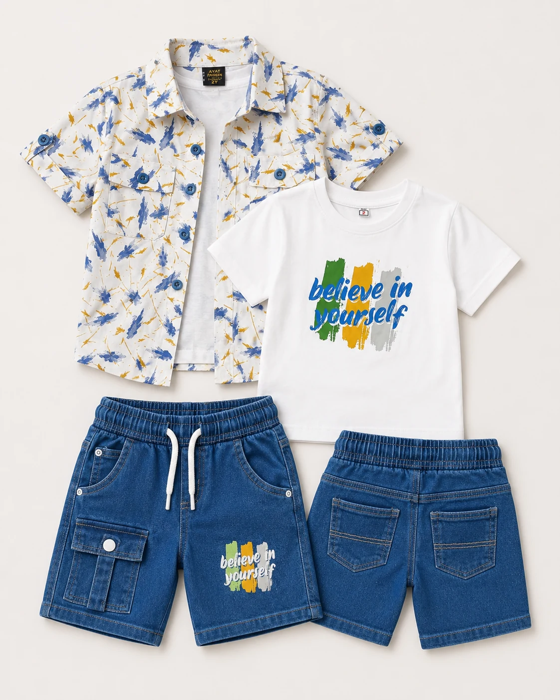 Boys 3 Piece Believe In Yourself Shirt Set with Denim Shorts - الصورة 6