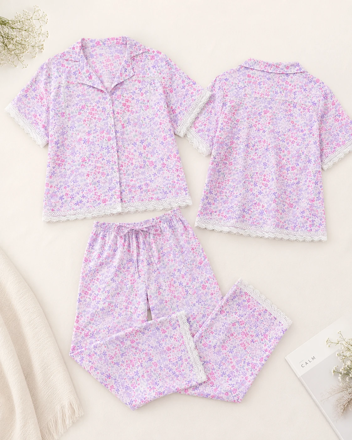 Women’s Floral Print 2 Piece Pajama Set with Lace Trim - الصورة 6