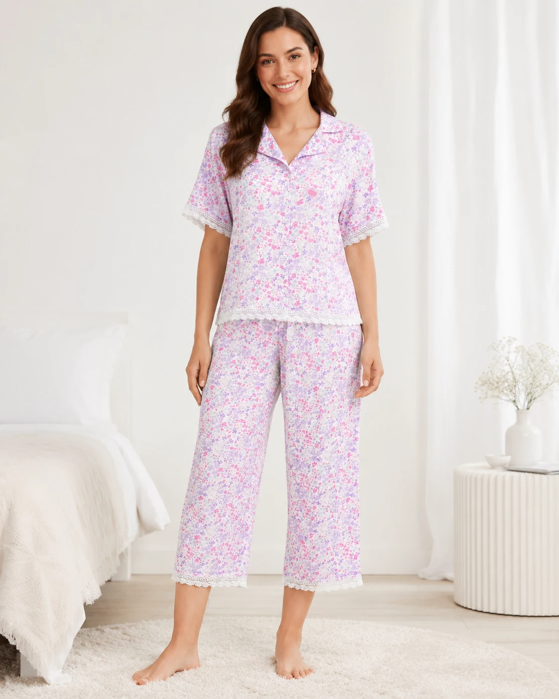 Women’s Floral Print 2 Piece Pajama Set with Lace Trim - الصورة 2