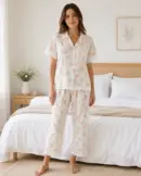 Women’s Cream Floral 2 Piece Pajama Set with Lace Trim