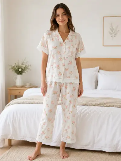 Women’s Cream Floral 2 Piece Pajama Set with Lace Trim