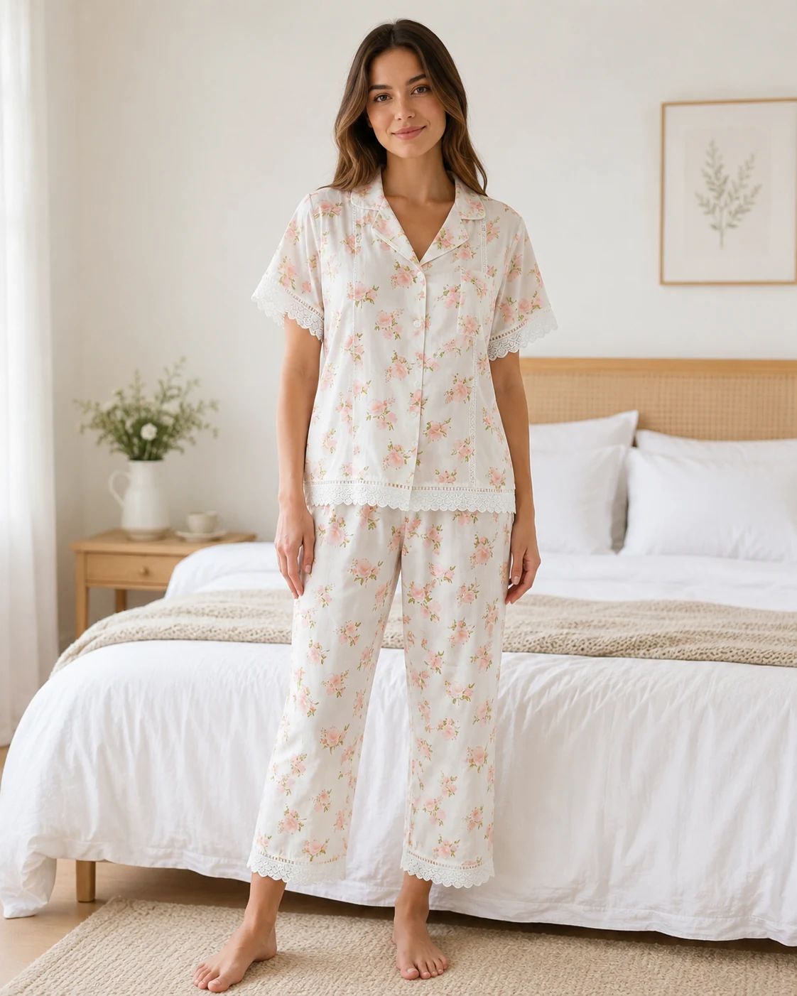 Women’s Cream Floral 2 Piece Pajama Set with Lace Trim