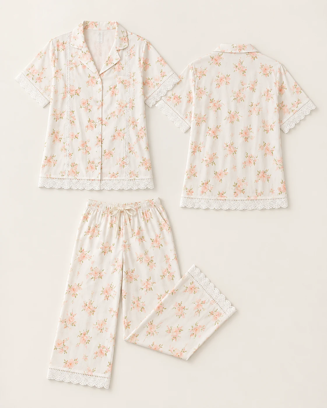 Women’s Cream Floral 2 Piece Pajama Set with Lace Trim - الصورة 6