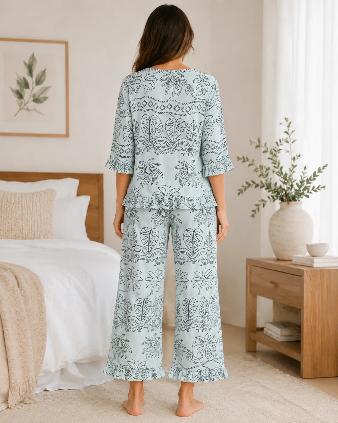 Women’s Light Blue Tropical Print 2 Piece Pajama Set - الصورة 3